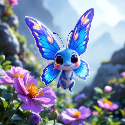 The primary subject of the image is a small, colorful butterfly with blue wings. The butterfly is flying in a field of flowers, creating a vibrant and lively scene. The setting is a natural environment with a mountain in the background, adding to the beauty of the scene. The visual style of the image is a combination of photo and digital art, creating a realistic yet whimsical appearance. The colors and mood of the image are predominantly blue and purple, with a sense of joy and freedom associated with the butterfly's flight.